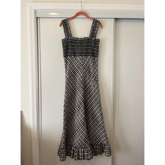 Ganni Smocked Checked Seersucker Midi Dress - sz 36 (US 4 / S) - Picture 2 of 5